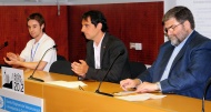 Inauguració de l'AirSim Meeting: Pau  Sendra, estudiant i organitzador, Manuel Reyes, Alcalde de Castelldefels i Jordi Berenguer, Director de l'EETAC